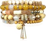RIAH FASHION Bohemian Mix Bead Multi Layer Versatile Statement Bracelets - Stackable Beaded Strand Stretch Bangles Sparkly Crystal, Tassel Charm